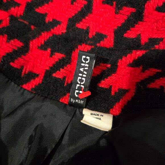 H&M Divided Womens Houndstooth Wool Blend Moto Jacket Size 10 Red & Black Preppy - Picture 3 of 7
